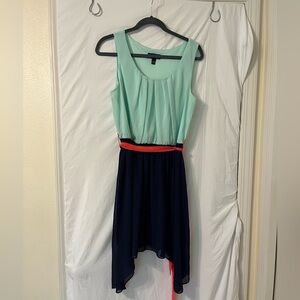 BCX lightweight dress mint green top, navy bottom with an orange sash.